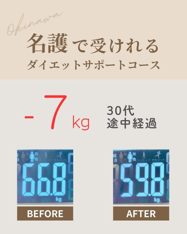 ＿＿❤️‍🔥ダイエットサポートコース  【途中経過で−7kg／体脂肪 −5.6%✨】  30代・お子様のいるママさんの
素晴らしい変化をご紹介します！  育児や家事、お仕事で忙しい中、
2週間に1回のご来店を欠かさず続け、
ご自宅でも食事管理のホームケアを
コツコツ頑張ってくださっています💪🏼  「気づけば間食が自然と減っていた」
「スナックを欲さなくなった」というお声の通り、  無理な我慢ではなく“習慣”が変わったことで
体がみるみる軽く✨  忙しいママでも、
自分のペースで、無理なく、
しっかり結果を出せるって本当にすごいことです。  この調子でさらに美しく健康的な体へ、
私も全力でサポートしていきます💐  ￣￣￣
❤️‍🔥本質ボディメイクコース  【ダイエットサポートコース】ご希望の方は
プロフィールTopの @cocorebeau_nago  予約サイトより”体験＂予約から
まずはお進みください。  ￣￣￣